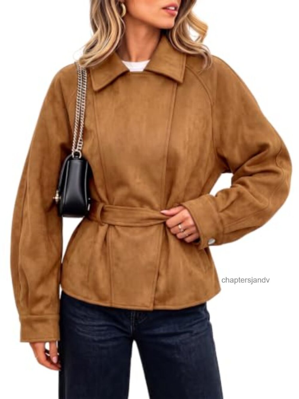 Faux Suede Cropped Trench Coat Lapel Collar Double Breasted Fall Jacket